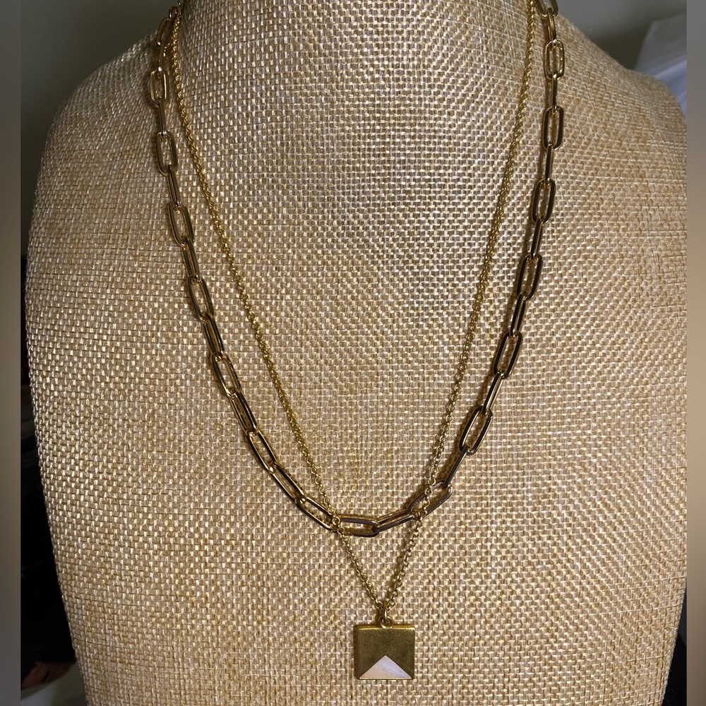 Madewell Palisade Gold Plated Brass Necklace Set, one with Inlaid Stone Pendant.